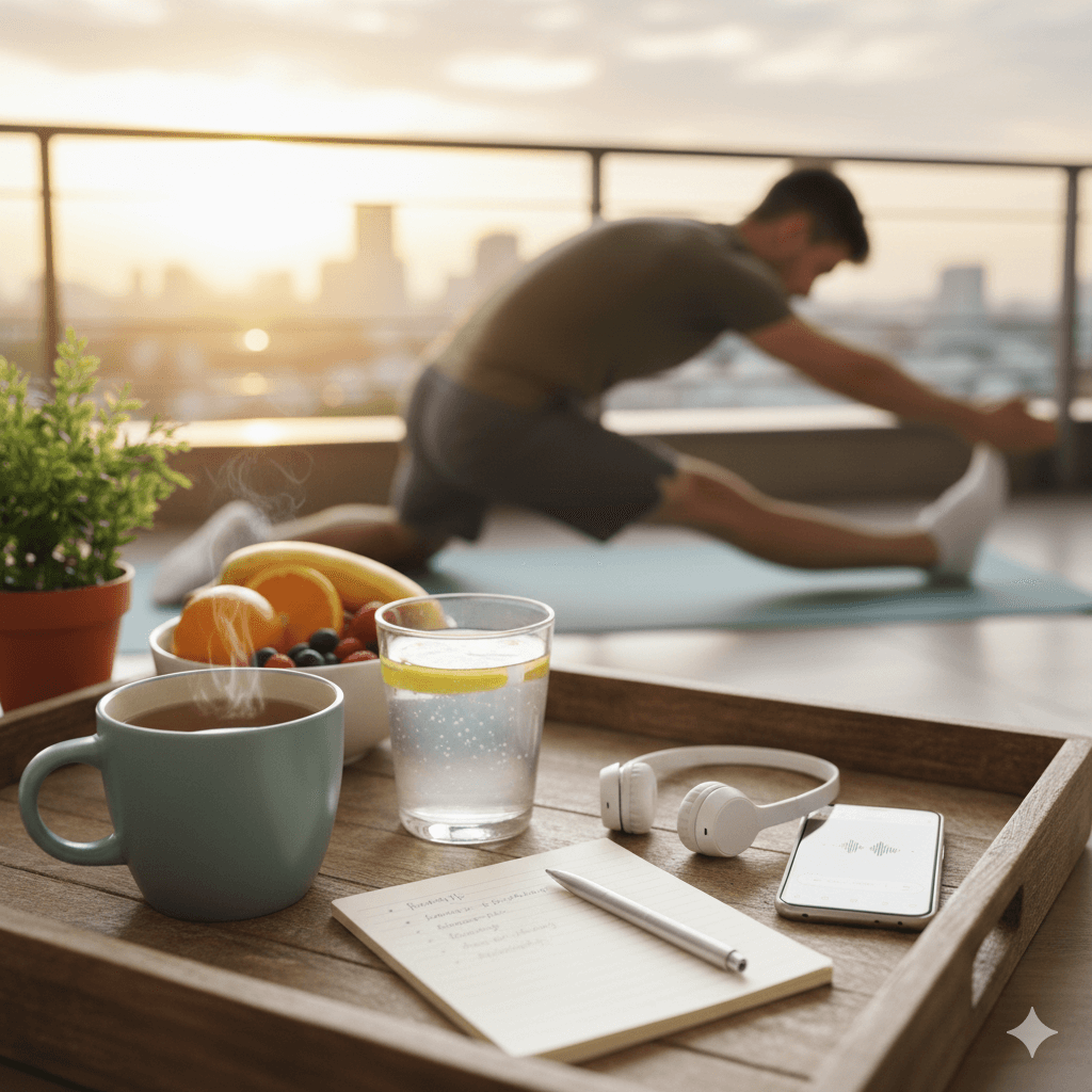 Calm morning routine with natural light and hydration